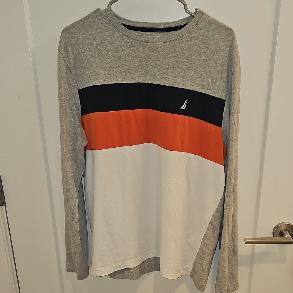 Nautica Men's Long Sleeve Shirt in Gray, Black, Orange, and White